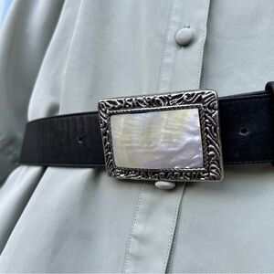 Vintage Women Black Leather Belt Mother Of Pearl Ornate Silver Buckle 90's Large
